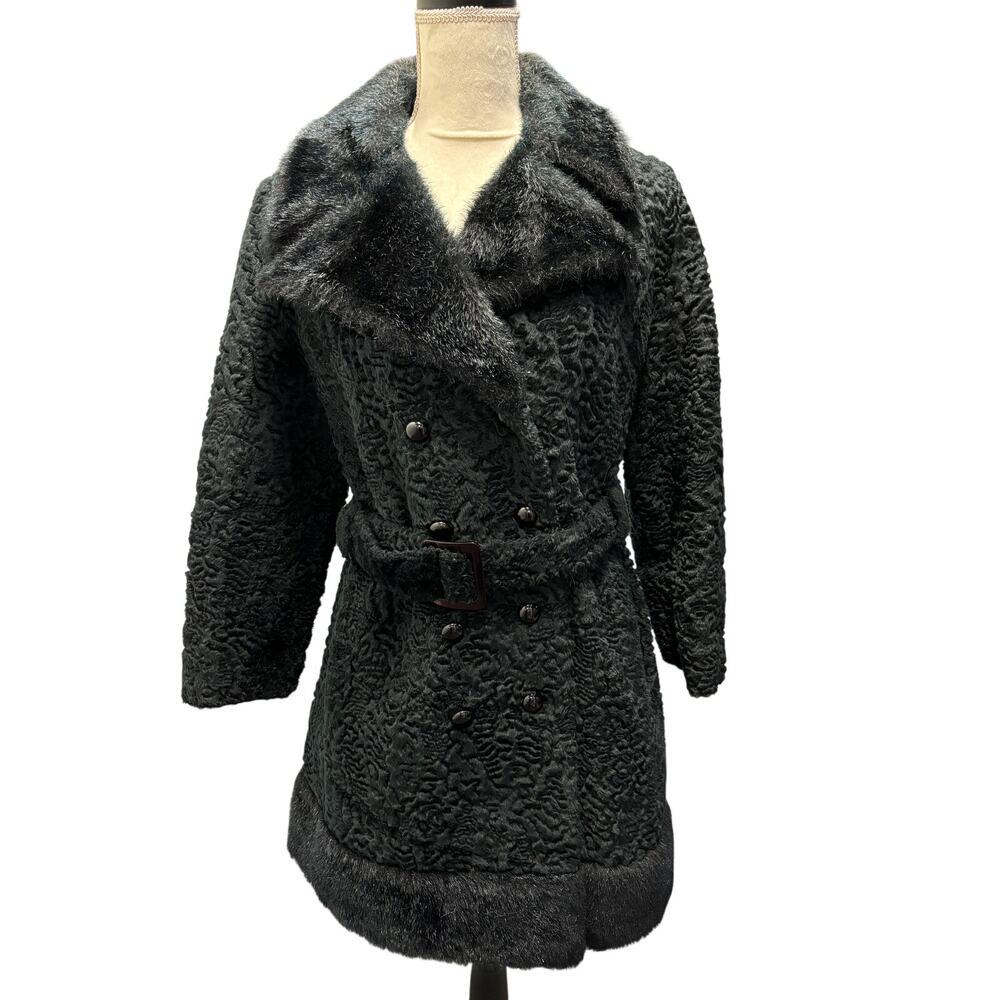 Vintage 1970s Black Astrakhan Fur Coat Size S